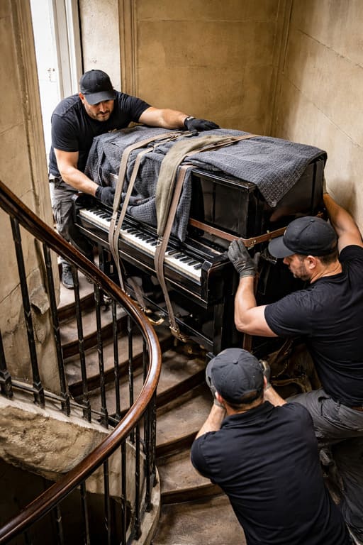 Transport de piano dans un escalier étroit à Paris par des déménageurs professionnels spécialisés