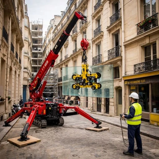 Location de mini grue araignée en action à Paris